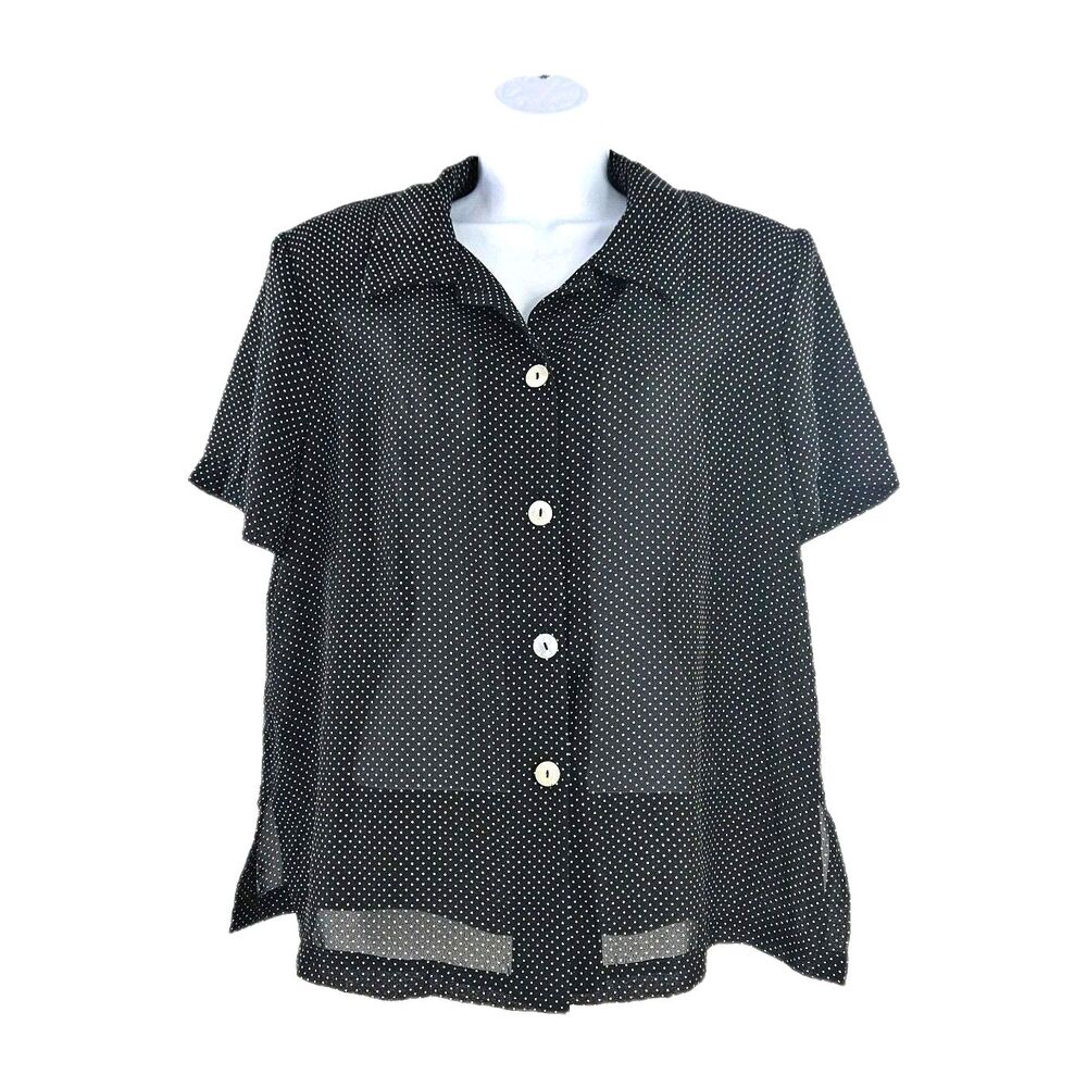 Vtg 80s/90s Maggie London Black White Polka Dot Blouse Shoulder pads L Sheer MOP